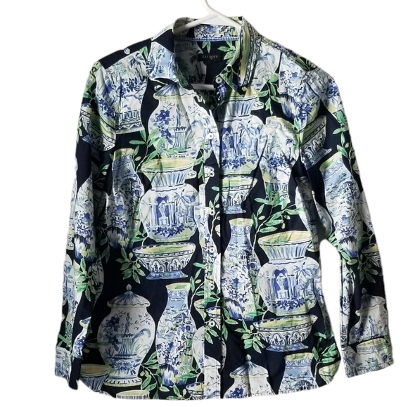 Talbots Classic Cotton Shirt, Watercolor Vases Print Size S/P - Picture 2 of 8